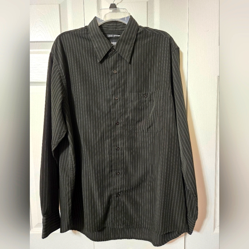 Black Pinstripe Men's Button Down Shirt, Size Large, Luxury Microfiber, Like New